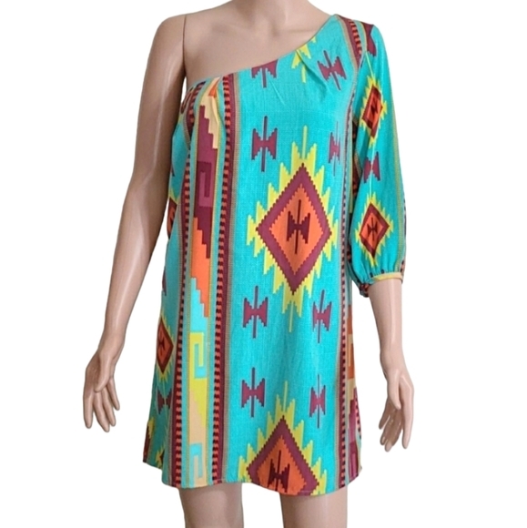 DEJAVU  Women's Mini Dress Green abstract Print 1‎ Shoulder Size S Small - Picture 7 of 13